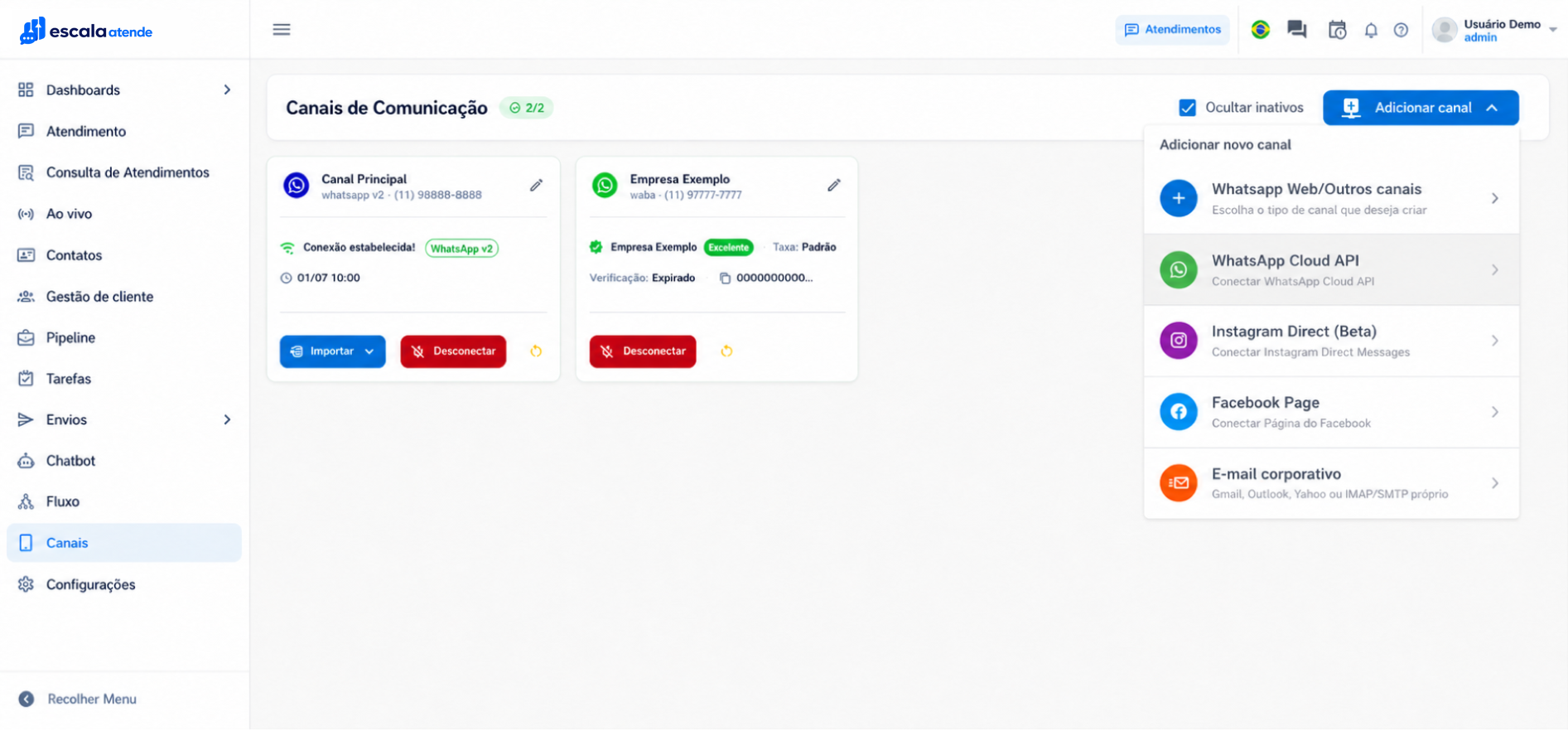 Gestão de canais do WhatsApp, Instagram e Facebook no Escala Atende