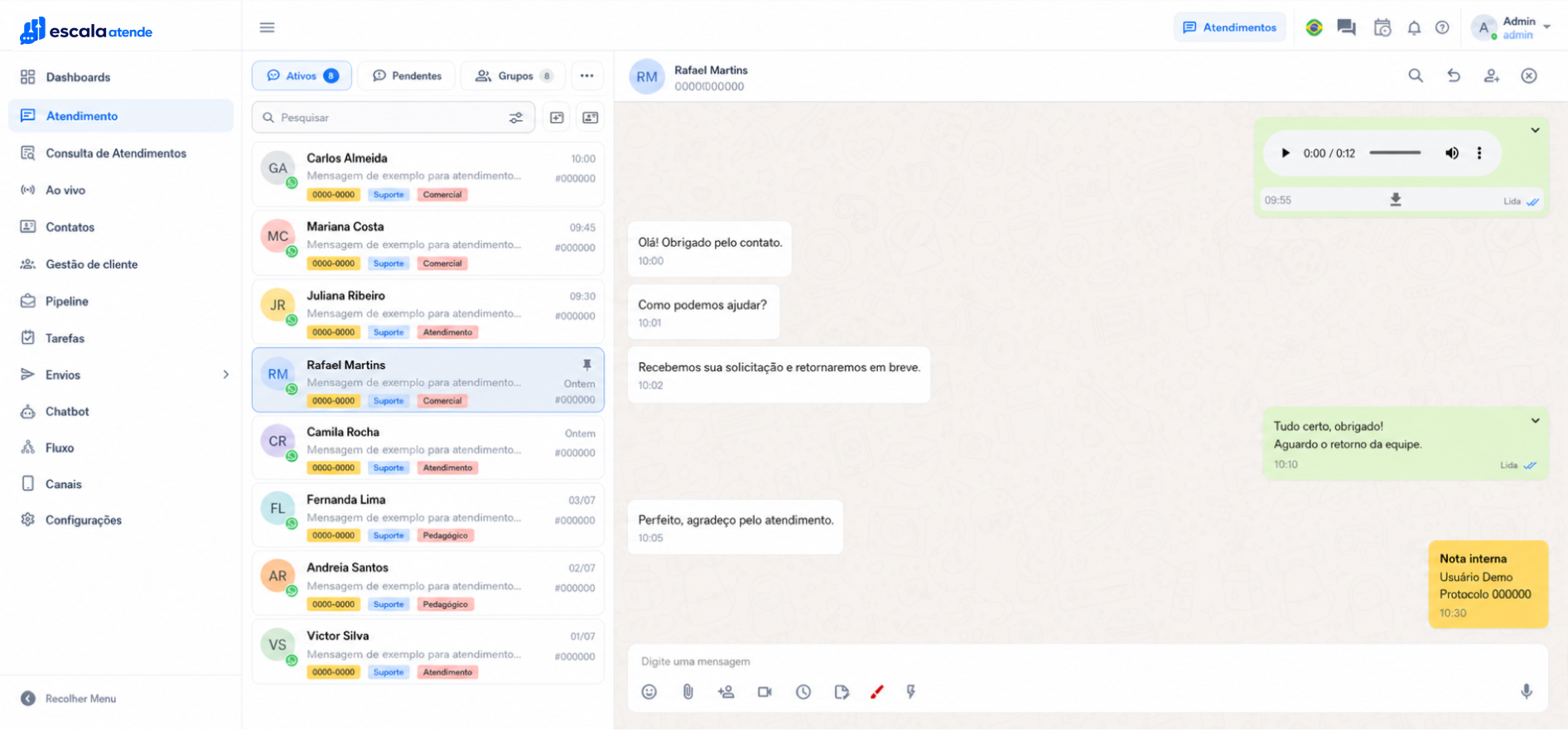 Tela real da central de conversas do Escala Atende